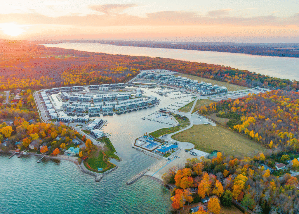 Aerial shot of Friday Harbour in the Fall - Resorts of Ontario