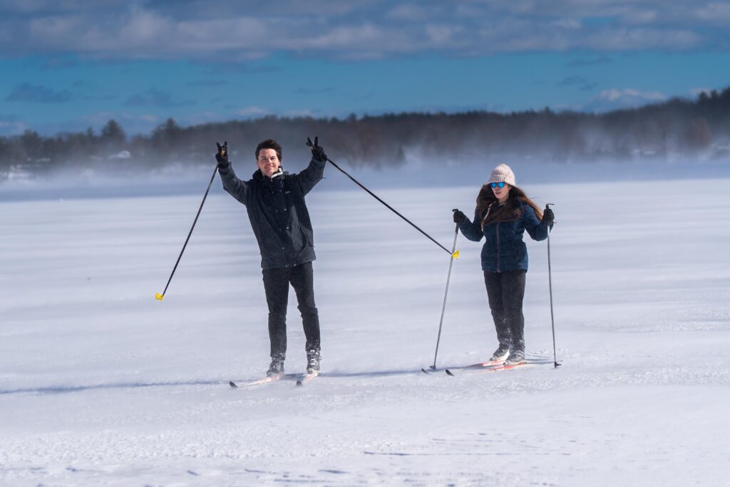 Image of a couple cross country skiing on the lake at Bayview Wildwood Resorts - Resorts of Ontario